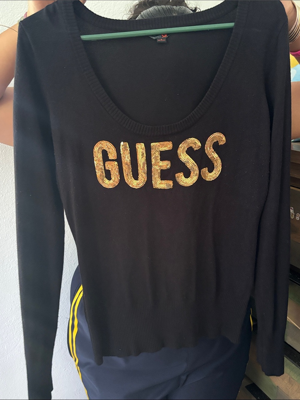 GUESS Black Scoop Neck Sweater with Gold Sequin Logo